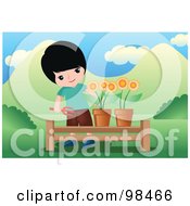 Poster, Art Print Of Little Boy Tending To Potted Flowers