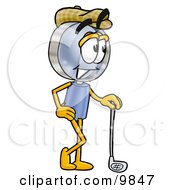 Magnifying Glass Mascot Cartoon Character Leaning On A Golf Club While Golfing by Mascot Junction