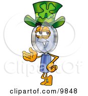 Magnifying Glass Mascot Cartoon Character Wearing A Saint Patricks Day Hat With A Clover On It