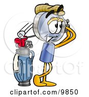 Poster, Art Print Of Magnifying Glass Mascot Cartoon Character Swinging His Golf Club While Golfing