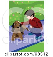 Poster, Art Print Of Crouching Boy Petting A Dog