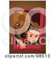 Poster, Art Print Of Dog And Boy Peeking Their Heads Through A Dog Door