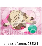 Poster, Art Print Of Pug Resting By A Green Ball On A Pink Floral Background