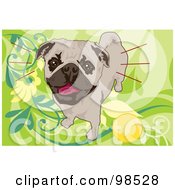 Pug Standing By A Yellow Ball On A Green Floral Background