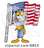 Magnifying Glass Mascot Cartoon Character Pledging Allegiance To An American Flag