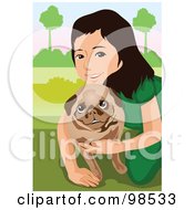 Poster, Art Print Of Little Girl Hugging Her Pug Dog