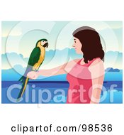 Poster, Art Print Of Smiling Woman Holding Out A Macaw Parrot On Her Arm