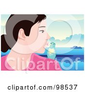 Royalty Free RF Clipart Illustration Of A Girl Turning Her Head To Kiss Her Parakeet On Her Shoulder