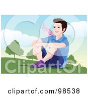 Royalty Free RF Clipart Illustration Of A Boy Sitting Outdoors With His Parrot On His Shoulder