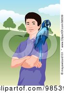 Boy Standing With A Blue Macaw On His Shoulder