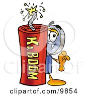 Poster, Art Print Of Magnifying Glass Mascot Cartoon Character Standing With A Lit Stick Of Dynamite