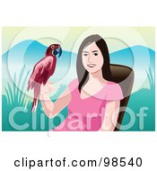 Royalty Free RF Clipart Illustration Of A Girl Sitting And Holding A Red Macaw