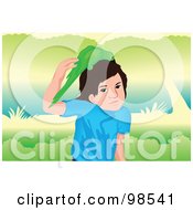 Royalty Free RF Clipart Illustration Of A Green Parrot Playing In A Boys Hair by mayawizard101