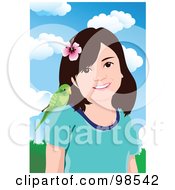 Little Girl With A Green Budgie On Her Shoulder