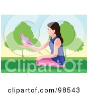 Royalty Free RF Clipart Illustration Of A Girl Sitting In Grass With A Parrot On Her Arm by mayawizard101