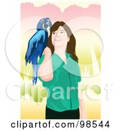 Royalty Free RF Clipart Illustration Of A Woman Smiling At Her Blue Macaw by mayawizard101