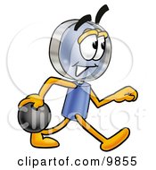 Clipart Picture Of A Magnifying Glass Mascot Cartoon Character Holding A Bowling Ball by Mascot Junction