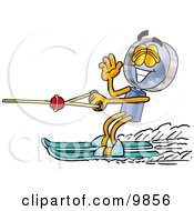 Poster, Art Print Of Magnifying Glass Mascot Cartoon Character Waving While Water Skiing