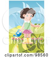 Poster, Art Print Of Girl Carrying A Watering Can In A Tulip Garden