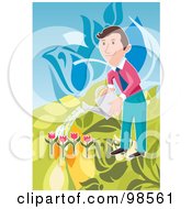 Poster, Art Print Of Happy Businessman Watering His Tulip Garden