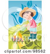 Poster, Art Print Of Little Boy Watering Tulips In A Garden