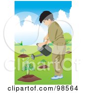 Poster, Art Print Of Little Boy Watering Newly Planted Trees
