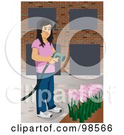 Poster, Art Print Of Girl Using A Sprayer To Water Her Flower Garden