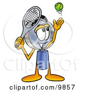 Magnifying Glass Mascot Cartoon Character Preparing To Hit A Tennis Ball