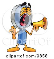 Poster, Art Print Of Magnifying Glass Mascot Cartoon Character Screaming Into A Megaphone