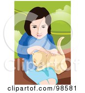 Poster, Art Print Of Little Girl Sitting And Petting Her Cat