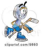 Magnifying Glass Mascot Cartoon Character Playing Ice Hockey