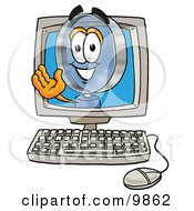 Magnifying Glass Mascot Cartoon Character Waving From Inside A Computer Screen