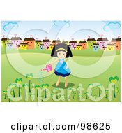 Poster, Art Print Of Happy Girl Watering Trees Near A Village