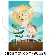 Poster, Art Print Of Man Watering His Giant Sunflower