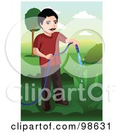 Poster, Art Print Of Man Using A Garden Hose To Water A Plant