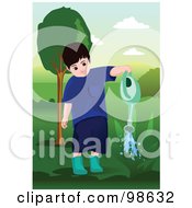 Poster, Art Print Of Little Boy Watering A Plant In A Yard