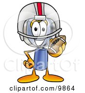 Magnifying Glass Mascot Cartoon Character In A Helmet Holding A Football