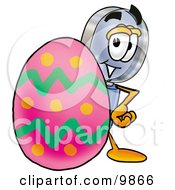 Magnifying Glass Mascot Cartoon Character Standing Beside An Easter Egg