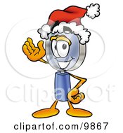 Magnifying Glass Mascot Cartoon Character Wearing A Santa Hat And Waving