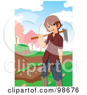 Poster, Art Print Of Little Boy Carrying A Tool By A Garden