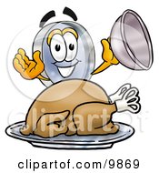 Poster, Art Print Of Magnifying Glass Mascot Cartoon Character Serving A Thanksgiving Turkey On A Platter