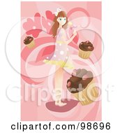 Poster, Art Print Of Girl Holding A Sucker Surrounded By Cupcakes
