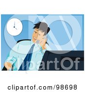 Royalty Free RF Clipart Illustration Of A Business Man Talking On A Cell Phone In His Corporate Office by mayawizard101