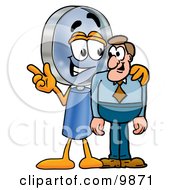 Clipart Picture Of A Magnifying Glass Mascot Cartoon Character Talking To A Business Man