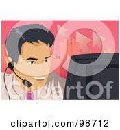 Royalty Free RF Clipart Illustration Of A Business Man Using A Computer And Talking On A Headset by mayawizard101