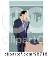 Royalty Free RF Clipart Illustration Of A Business Man Standing By His Desk And Talking On A Telephone by mayawizard101
