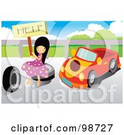 Royalty Free RF Clipart Illustration Of A Little Girl Holding A Help Sign By A Car