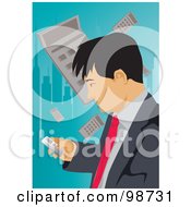 Poster, Art Print Of Business Man Using A Cell Phone With A Calculator Urban Background