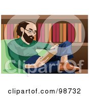 Poster, Art Print Of Balding Man Reading A Book In A Library