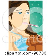 Poster, Art Print Of Sick Girl Hugging Her Teddy Bear And Taking Her Temperature